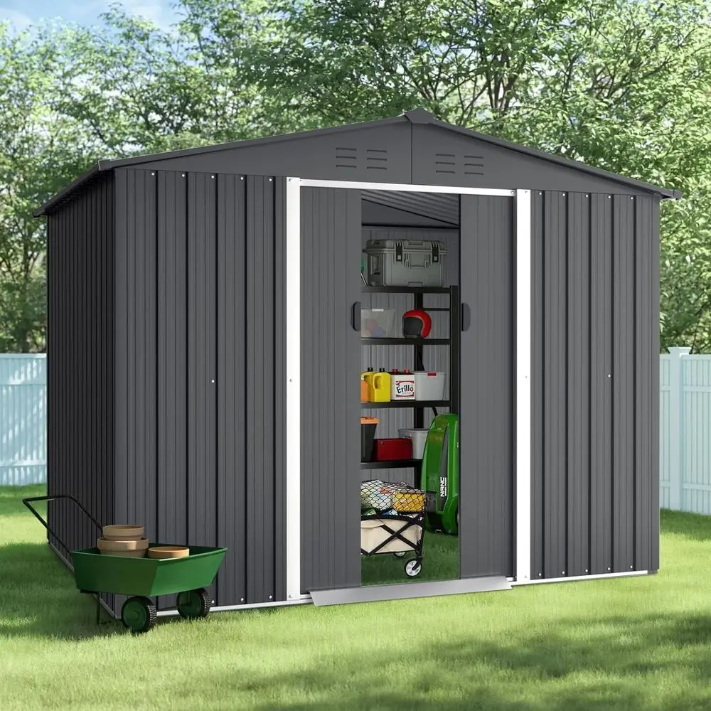 Grey 6' x 8' Outdoor Storage Shed with Double Sloping Roof, Sliding Door, and Air Vents
Grey 6' x 8' Outdoor Storage Shed with Double Sloping Roof, Sliding Door, and Air Vents