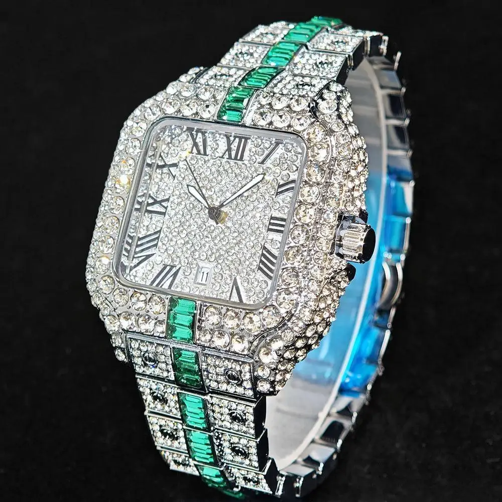 Fashion Green Ice Watch For Men Luxury Stainless Steel Quartz Clock Male Hip Hop Full Diamond Square Wristwatch With Calendar
Fashion Green Ice Watch For Men Luxury Stainless Steel Quartz Clock Male Hip Hop Full Diamond Square Wristwatch With Calendar