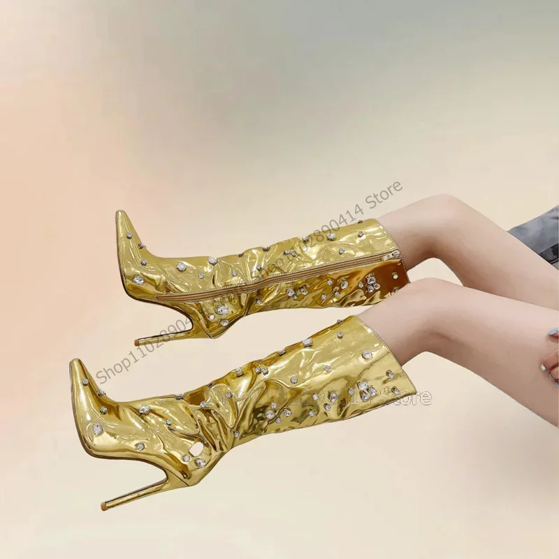 Gold Patent Leather Crystal Decor Pointed Toe Boots Side Zipper Women Shoes Thin High Heels New Fashion 2023 Zapatos Para Mujere 
Gold Patent Leather Crystal Decor Pointed Toe Boots Side Zipper Women Shoes Thin High Heels New Fashion 2023 Zapatos Para Mujere