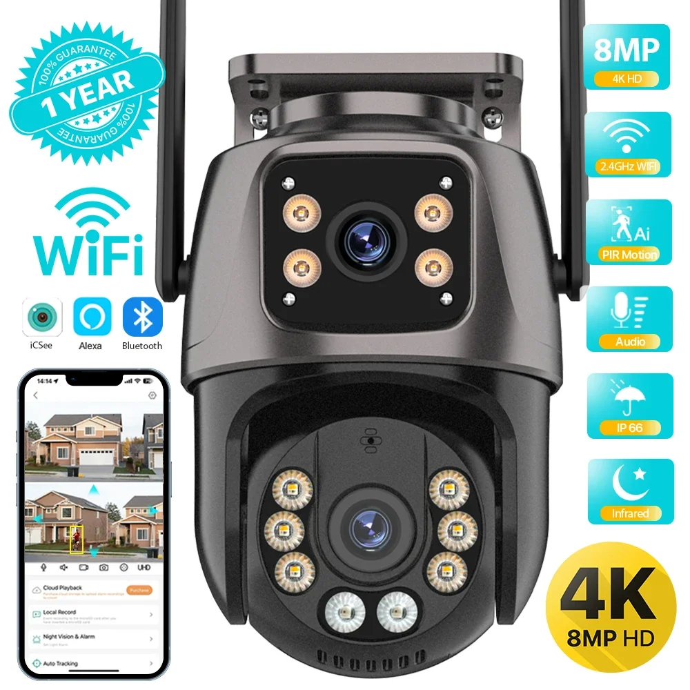 4K 8MP HD Wifi PTZ Camera Outdoor 4MP Dual Lens Dual Screen AI Auto Tracking IP Camera CCTV Audio Video Surveillance P2P iCSee
4K 8MP HD Wifi PTZ Camera Outdoor 4MP Dual Lens Dual Screen AI Auto Tracking IP Camera CCTV Audio Video Surveillance P2P iCSee