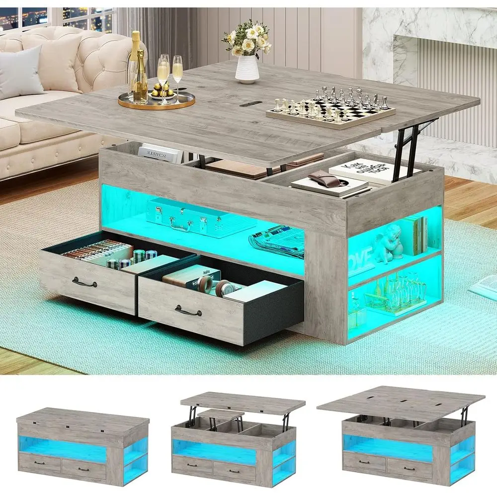 Modern 4-in-1 Coffee Table with Storage, Fabric Drawers, and LED Lighting for Living Room, Grey Oak Finish
Modern 4-in-1 Coffee Table with Storage, Fabric Drawers, and LED Lighting for Living Room, Grey Oak Finish