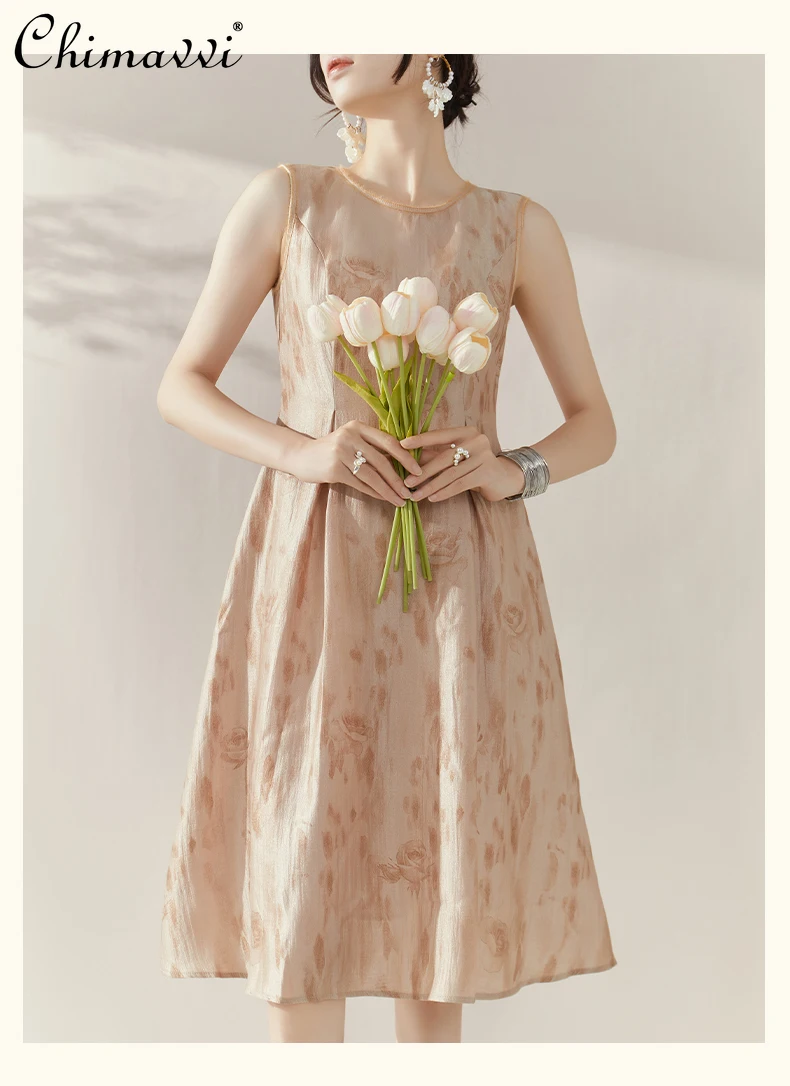 French Elegant Temperament Printed Summer Dress Crew Neck Sleeveless High Waist Pleated A-line Vacation Casual Midi Dress Women 
French Elegant Temperament Printed Summer Dress Crew Neck Sleeveless High Waist Pleated A-line Vacation Casual Midi Dress Women