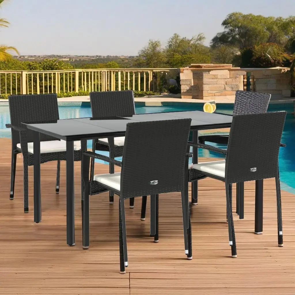 5-Piece Black Poly Rattan Patio Dining Set with Cushions - Stylish Outdoor Furniture
5-Piece Black Poly Rattan Patio Dining Set with Cushions - Stylish Outdoor Furniture