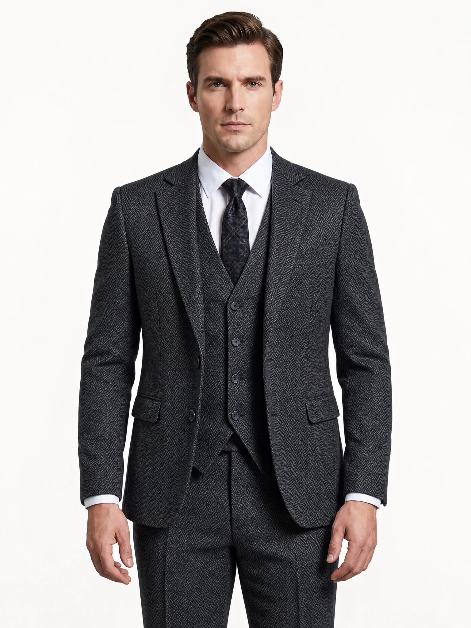 Vintage Herringbone Tweed 3 Piece Suit Slim Notch Lapel Jacket Vest Pants for Wedding Party Business Occasions
Vintage Herringbone Tweed 3 Piece Suit Slim Notch Lapel Jacket Vest Pants for Wedding Party Business Occasions