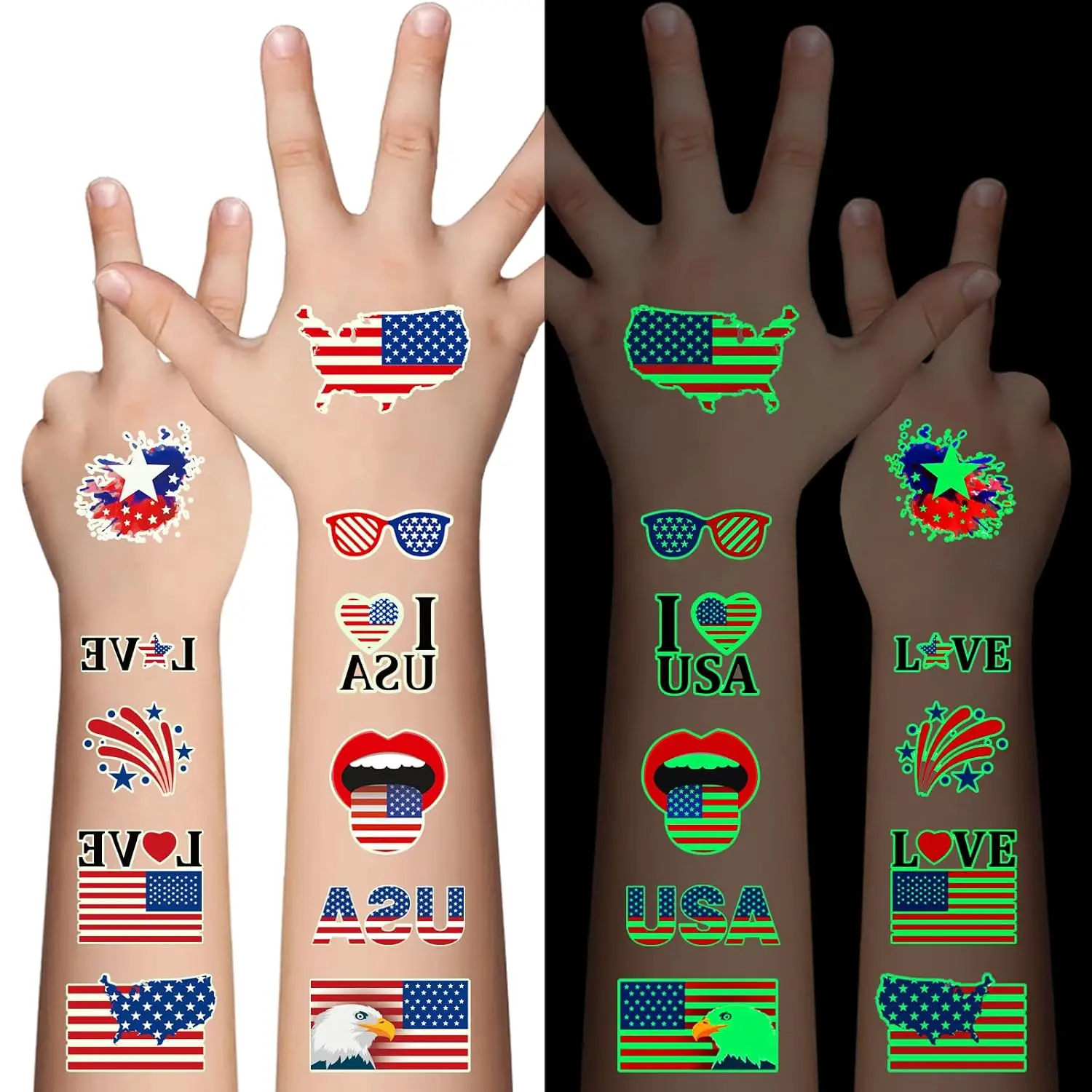 80 Pcs Glow in Dark 4th of July Temporary Tattoos for Kids, American Flag Party Favors
80 Pcs Glow in Dark 4th of July Temporary Tattoos for Kids, American Flag Party Favors