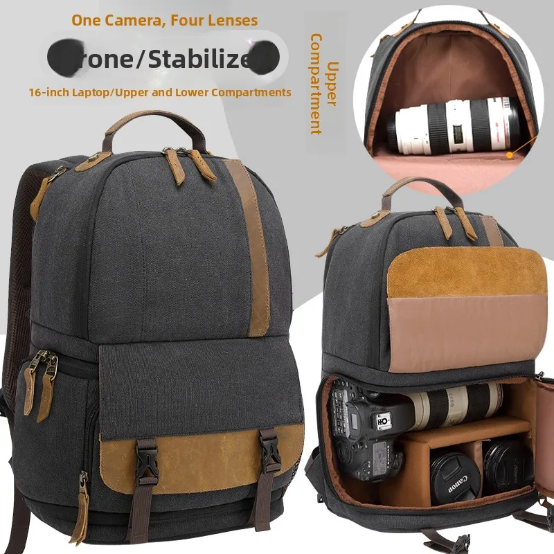Retro Canvas Camera Computer Backpack Waterproof Travel Photography Bag Dual Shoulder Bag Large Capacity Vintage Style