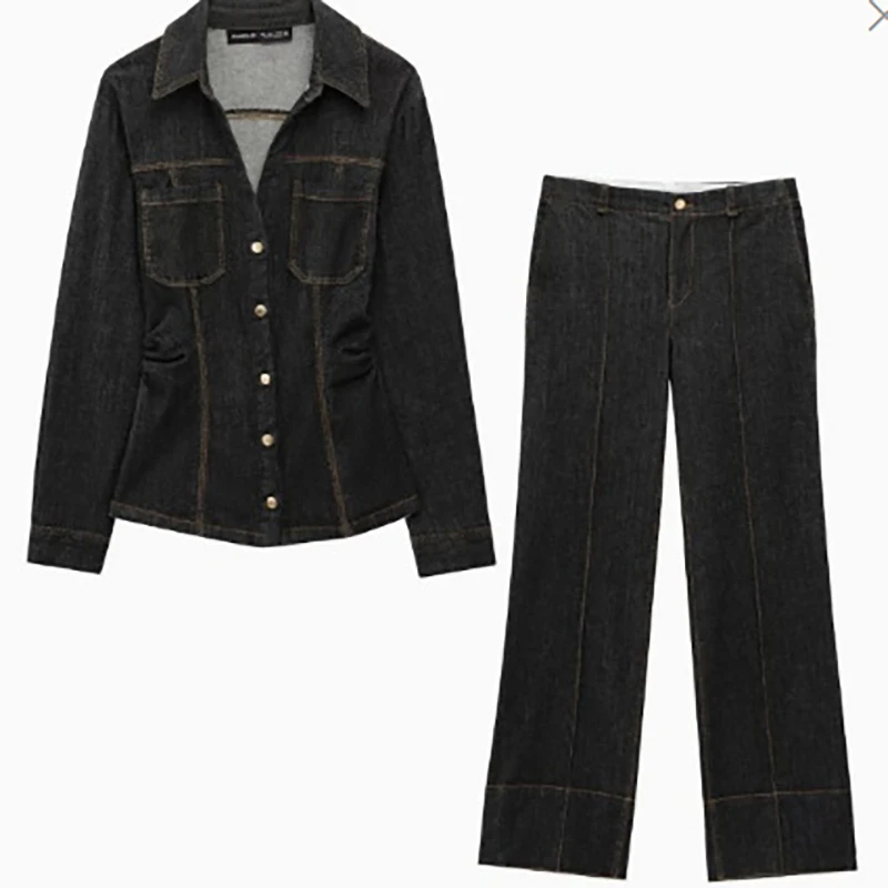 Женская плиссированная джинсовая рубашка, расклешенные брюки, костюм с лацканами, топ с длинными рукавами, брюки с высокой талией, весна-лето, новый повседневный шикарный костюм
Женская плиссированная джинсовая рубашка, расклешенные брюки, костюм с лацканами, топ с длинными рукавами, брюки с высокой талией, весна-лето, новый повседневный шикарный костюм