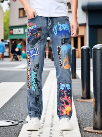 European and American New Trend Fashion Old-Style Printed Washed Ripped Jeans