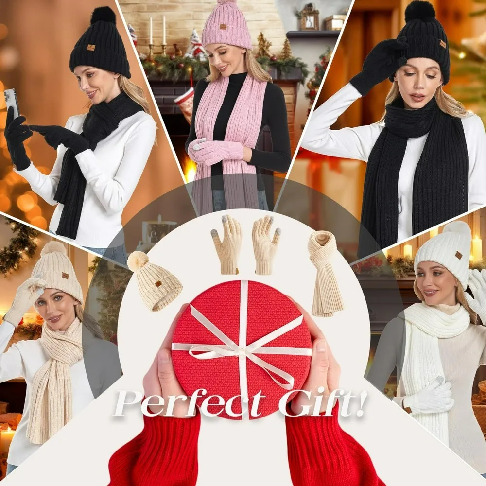 Womens Long Scarf Gloves and Hat Set Cold Weather Hat Scarf Glove Set for Women Winter Beanie Hats with Pom Pom
Womens Long Scarf Gloves and Hat Set Cold Weather Hat Scarf Glove Set for Women Winter Beanie Hats with Pom Pom