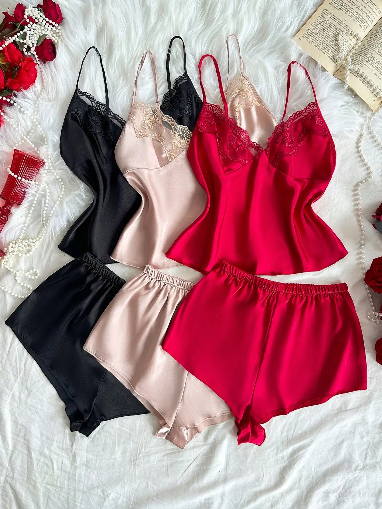 3-Piece Women's Satin Lace Trim V-Neck Camisole & Shorts Pajama Set - Black, Blush, Red
3-Piece Women's Satin Lace Trim V-Neck Camisole & Shorts Pajama Set - Black, Blush, Red