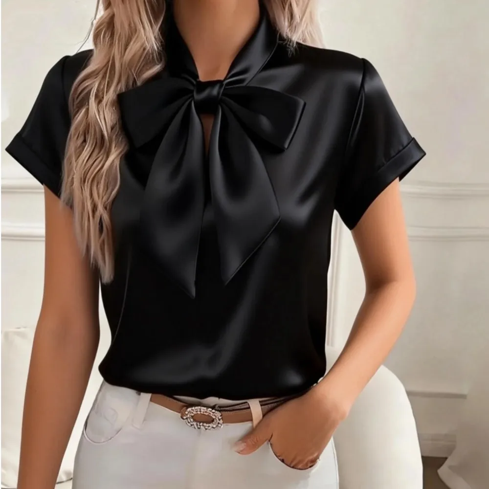Women's Solid Satin Blouse Summer Fashion Bow Tie Lace Up Neck Short-sleeve Shirt Elegant Casual Offlce Lady Work Blouses Tops
Women's Solid Satin Blouse Summer Fashion Bow Tie Lace Up Neck Short-sleeve Shirt Elegant Casual Offlce Lady Work Blouses Tops