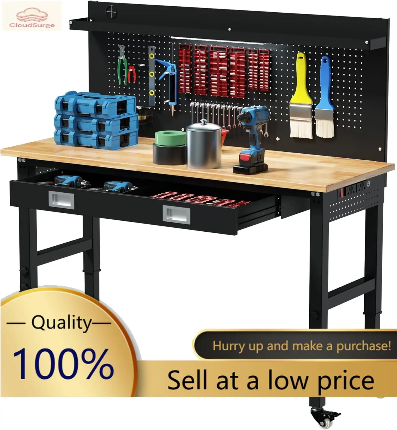 60" Heavy Duty Adjustable Workbench with Large Pegboard & LED Light, Adjustable Work Table with Power Outlets & Lockable Wheels,
60" Heavy Duty Adjustable Workbench with Large Pegboard & LED Light, Adjustable Work Table with Power Outlets & Lockable Wheels,