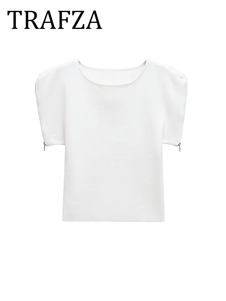 TRAFZA 2025 Women Zipper Sleeve Knit Top Short Sleeve Fit T-shirt Summer Spring Classic Ladies White Pullovers Female Short Top
TRAFZA 2025 Women Zipper Sleeve Knit Top Short Sleeve Fit T-shirt Summer Spring Classic Ladies White Pullovers Female Short Top