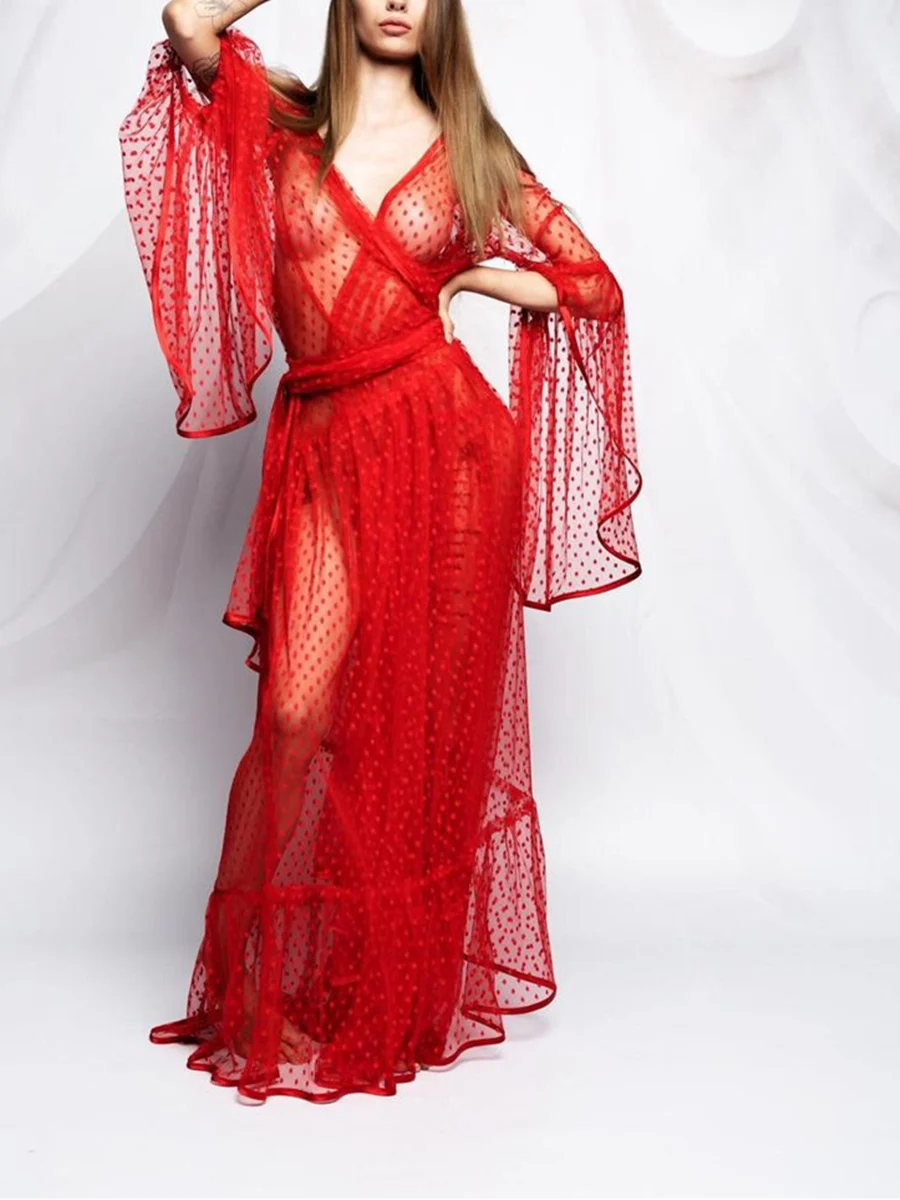 Women Sexy Sheer Mesh Nightgown Dot Waist Tie-up Long Flare Sleeve Flowy Sleepwear Dresses for Female Night Clubwear
Women Sexy Sheer Mesh Nightgown Dot Waist Tie-up Long Flare Sleeve Flowy Sleepwear Dresses for Female Night Clubwear