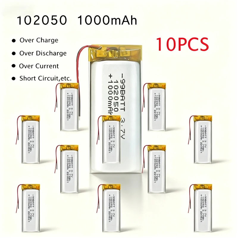 10pcs 102050 3.7V Battery 1000mAh Lithium Polymer Rechargeable Batteries for Beauty Instrument Bluetooth Audio Electronic Toys
10pcs 102050 3.7V Battery 1000mAh Lithium Polymer Rechargeable Batteries for Beauty Instrument Bluetooth Audio Electronic Toys