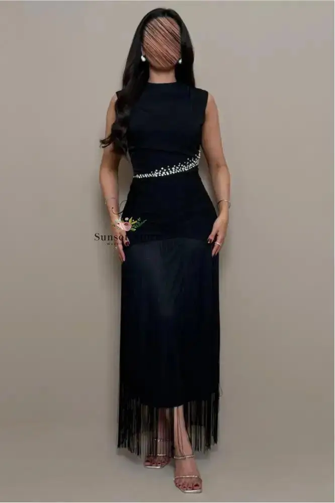 Customized Black Tassel Wedding Guest Dress Bead Waist Ankle Length Prom Gown O Neck Sleeveless Wedding Party Attire
Customized Black Tassel Wedding Guest Dress Bead Waist Ankle Length Prom Gown O Neck Sleeveless Wedding Party Attire