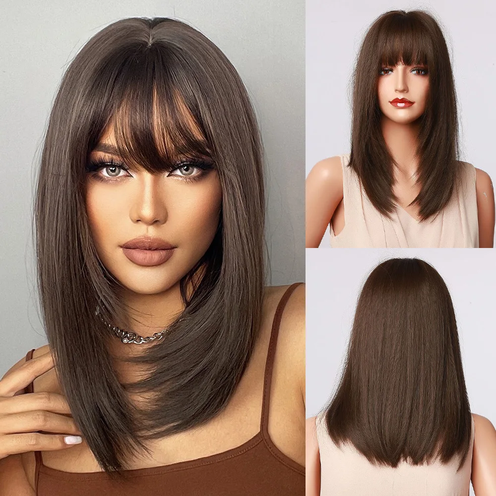 Wig with bangs black brown shoulder length straight hair tail curl high temperature silk Wigs
Wig with bangs black brown shoulder length straight hair tail curl high temperature silk Wigs