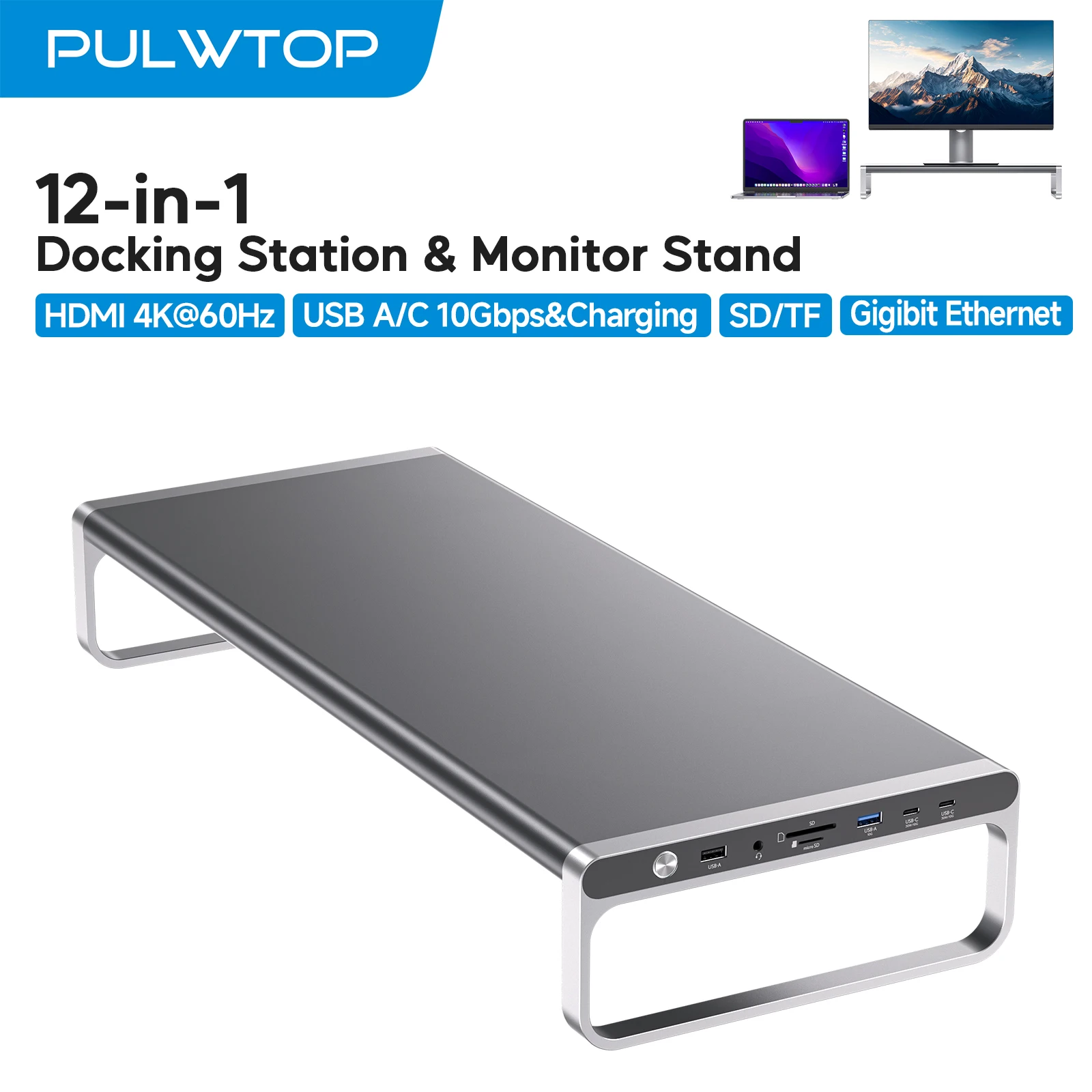 Док-станция PULWTOP MacBook Подставка для монитора с 6 портами USB A/C (зарядка данных и макс. мощностью 60 Вт), 4K HDMI, SD/TF, аудио, Ethernet
Док-станция PULWTOP MacBook Подставка для монитора с 6 портами USB A/C (зарядка данных и макс. мощностью 60 Вт), 4K HDMI, SD/TF, аудио, Ethernet