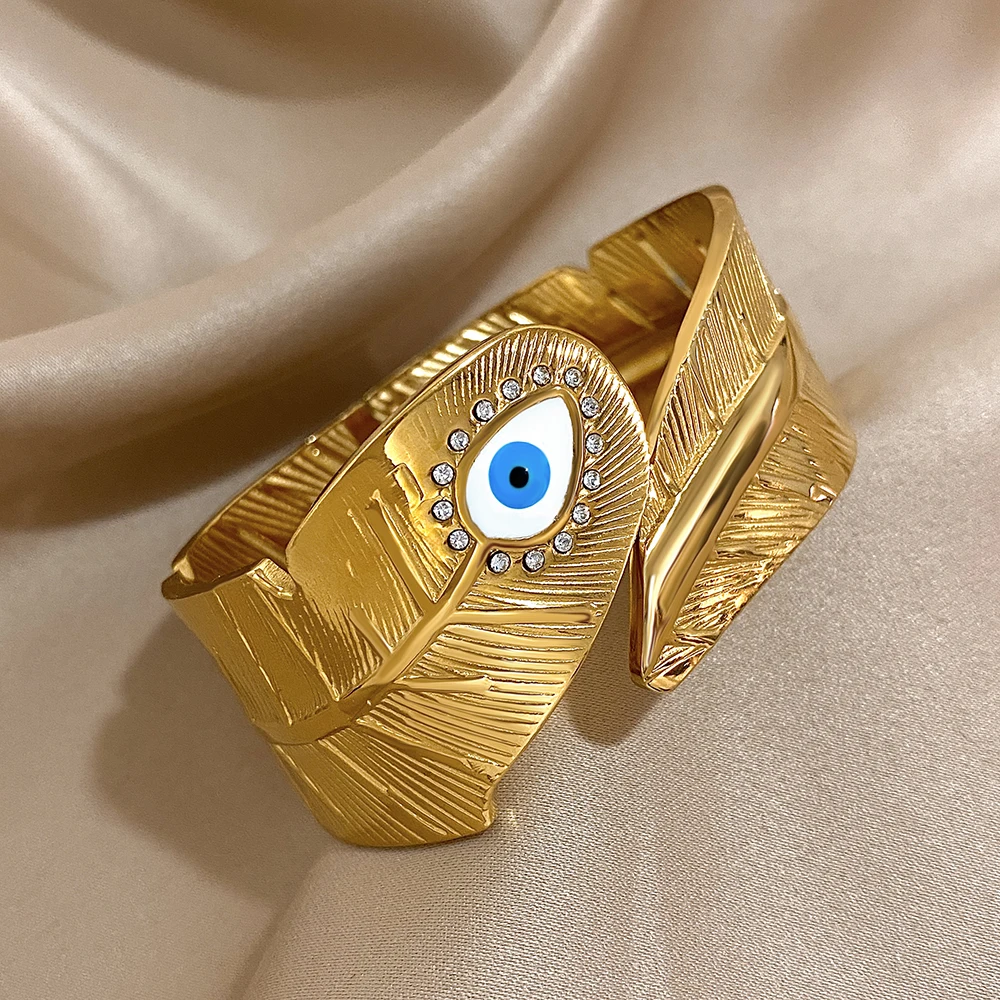 Freetry Vintage Feather Stainless Steel Open Bangle for Women Inlaid Rhinestone Evil Eyes Wide Spring Bangle Charm Jewelry 
Freetry Vintage Feather Stainless Steel Open Bangle for Women Inlaid Rhinestone Evil Eyes Wide Spring Bangle Charm Jewelry