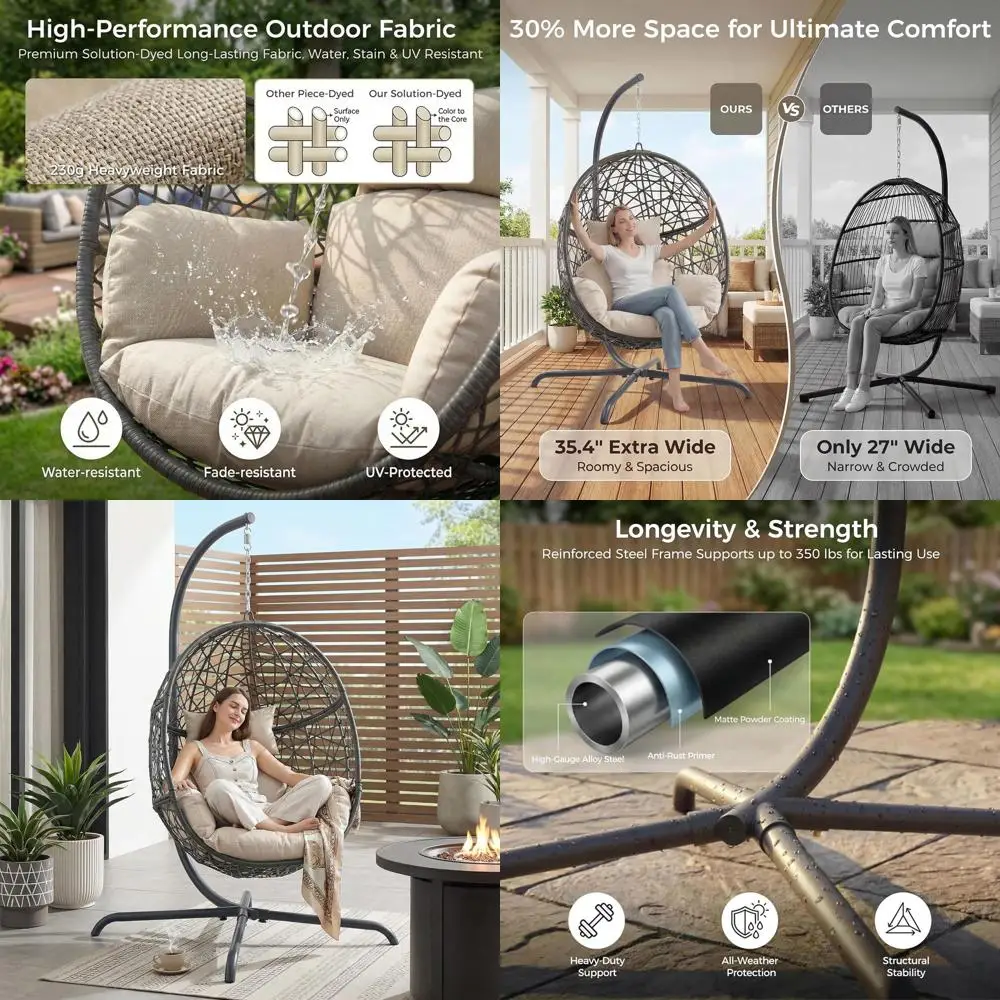 Large Hanging Egg Chair with Stand, Outdoor Swing Chair with Cushion, 350lbs Capacity, Wicker Nest Eggshell Basket, Patio or Bed
Large Hanging Egg Chair with Stand, Outdoor Swing Chair with Cushion, 350lbs Capacity, Wicker Nest Eggshell Basket, Patio or Bed