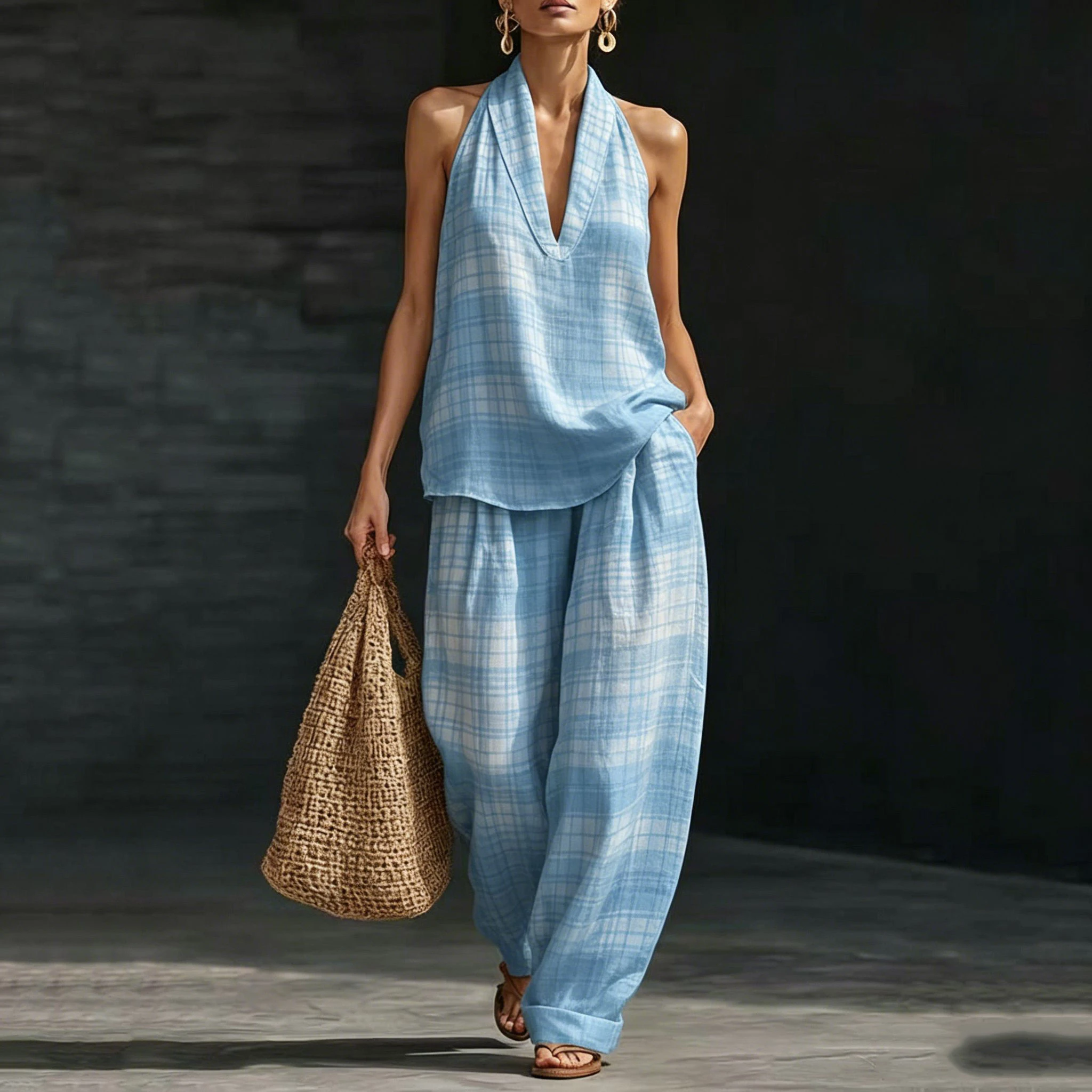 Women‘s Light Blue & White Plaid Printed 2 Piece Sets Summer Chic Halter Neck Sleeveless V-Neck Tank Top Loose Wide Leg Pants
Women‘s Light Blue & White Plaid Printed 2 Piece Sets Summer Chic Halter Neck Sleeveless V-Neck Tank Top Loose Wide Leg Pants