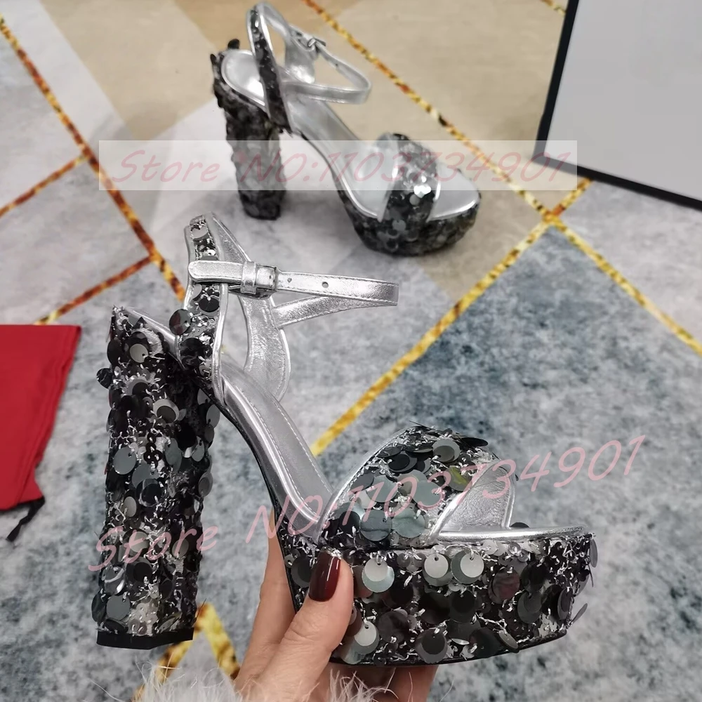 Sparkling Silver Sequins Chunky Heels Sandals Women Luxury Ankle Strap Open Toe Platform Sandals Female Sexy Fashion Party Shoes
Sparkling Silver Sequins Chunky Heels Sandals Women Luxury Ankle Strap Open Toe Platform Sandals Female Sexy Fashion Party Shoes
