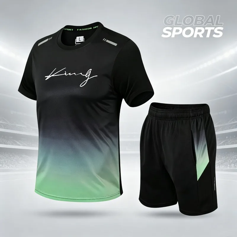 Men's gradient sports set, quick drying breathable T-shirt, with "King" letter print casual fitness sports set,
Men's gradient sports set, quick drying breathable T-shirt, with "King" letter print casual fitness sports set,