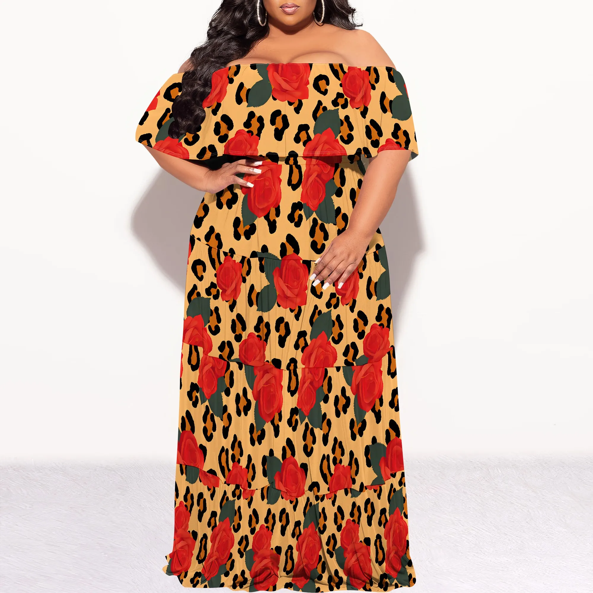 Plus Size Off Shoulder Leopard Print Dress with Red Rose, Bold Floral Summer Maxi for Party Vacation
Plus Size Off Shoulder Leopard Print Dress with Red Rose, Bold Floral Summer Maxi for Party Vacation