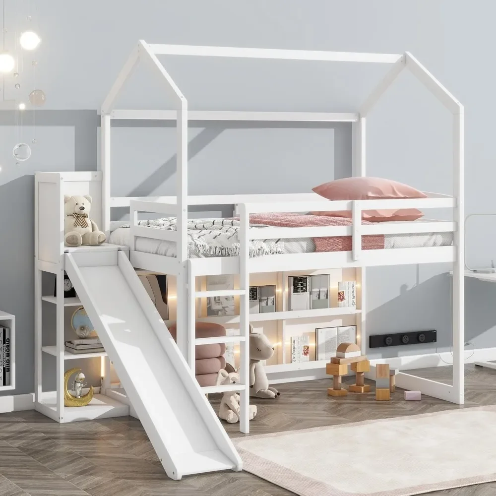 House Loft Bed with Slide,Storage Shelves and LED Light,Wood Twin Low Loft Bed Frame with Roof and Ladder,Playhouse Loft Bed
House Loft Bed with Slide,Storage Shelves and LED Light,Wood Twin Low Loft Bed Frame with Roof and Ladder,Playhouse Loft Bed