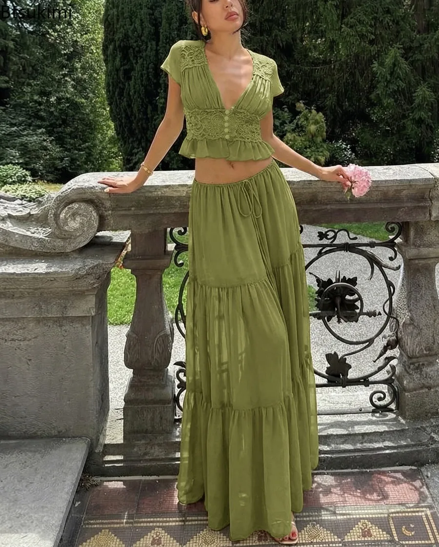 New Women's Elegant Chiffon Two Piece Sets Sexy V Neck Short Sleeve Crop Tops Maxi Skirt Matching Sets Female Club Party Outfits
New Women's Elegant Chiffon Two Piece Sets Sexy V Neck Short Sleeve Crop Tops Maxi Skirt Matching Sets Female Club Party Outfits