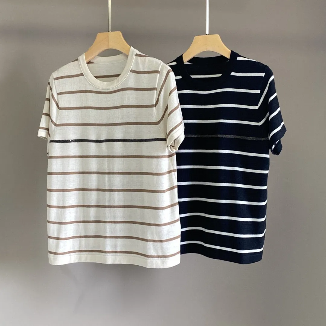 25 Spring and Summer Women's New Cotton Wool Crewneck Striped Fashion All-match Knitted Short-sleeved Top
25 Spring and Summer Women's New Cotton Wool Crewneck Striped Fashion All-match Knitted Short-sleeved Top