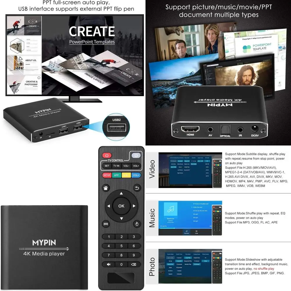 4K медиаплеер с дистанционным управлением, цифровой MP4-плеер для жесткого диска 8 ТБ/USB-накопителя/TF-карты/H.265 MP4 PPT MKV AVI Поддержка HDMI/AV/Opti
4K медиаплеер с дистанционным управлением, цифровой MP4-плеер для жесткого диска 8 ТБ/USB-накопителя/TF-карты/H.265 MP4 PPT MKV AVI Поддержка HDMI/AV/Opti