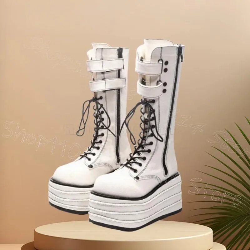 White Belt Fastener Strappy Platform Boots Side Zipper Women Shoes Wedges Heel Round Toe Party Banquet 2025 Zapatos Para Mujere
White Belt Fastener Strappy Platform Boots Side Zipper Women Shoes Wedges Heel Round Toe Party Banquet 2025 Zapatos Para Mujere