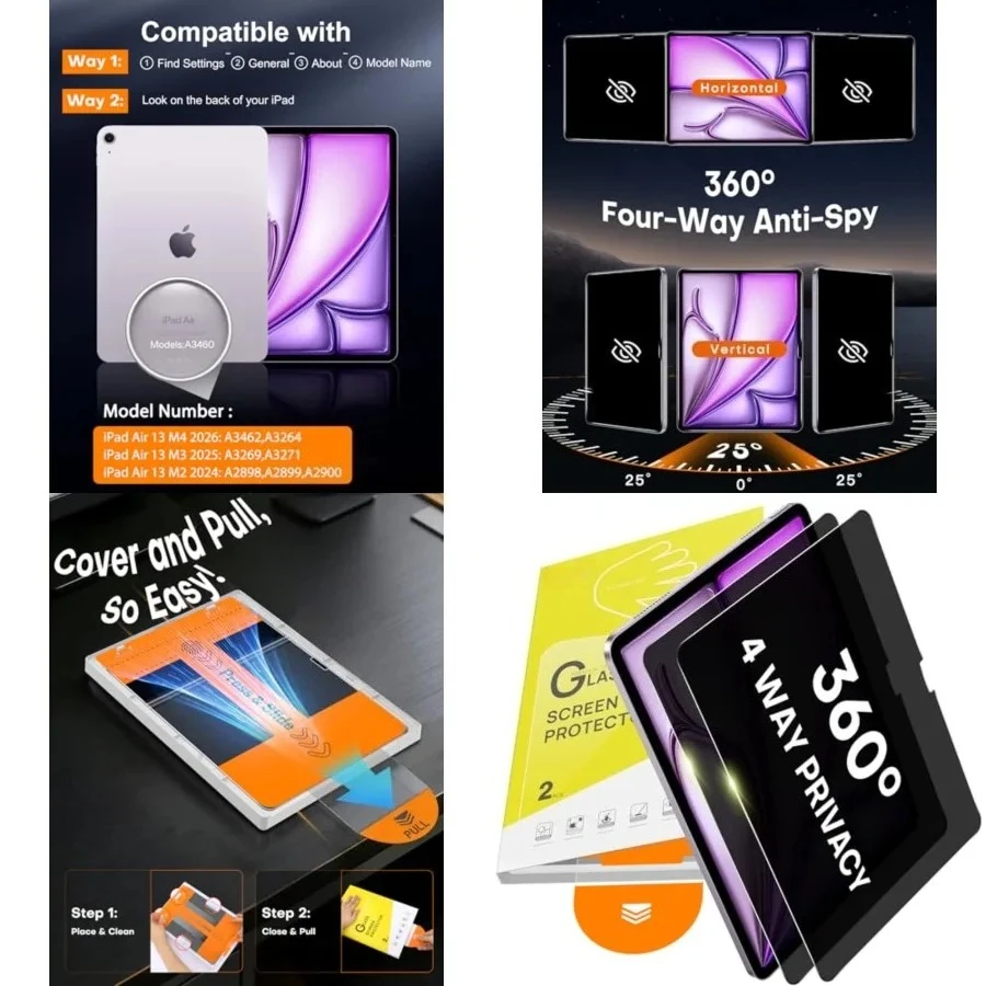 2 Pack 360° Privacy Screen Protector for iPad Air 13 Inch M4/M3/M2 (8th/7th/6th Generation, 2026/2025/2024), Military-Grade 4 Way Anti-Spy Tempered Glass with Auto Application Tray, Shockproof
2 Pack 360° Privacy Screen Protector for iPad Air 13 Inch M4/M3/M2 (8th/7th/6th Generation, 2026/2025/2024), Military-Grade 4 Way Anti-Spy Tempered Glass with Auto Application Tray, Shockproof