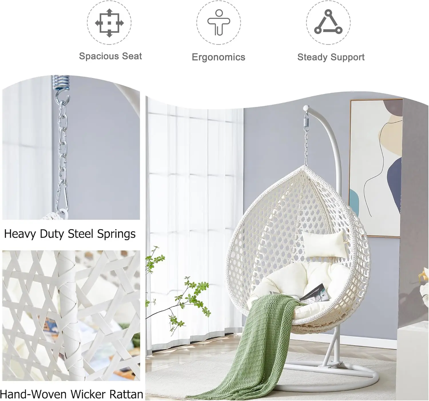 Hanging Egg Chair with Stand, Cushions, and Rattan Design for Indoor or Outdoor Use – 350 lbs Capacity, White
Hanging Egg Chair with Stand, Cushions, and Rattan Design for Indoor or Outdoor Use – 350 lbs Capacity, White