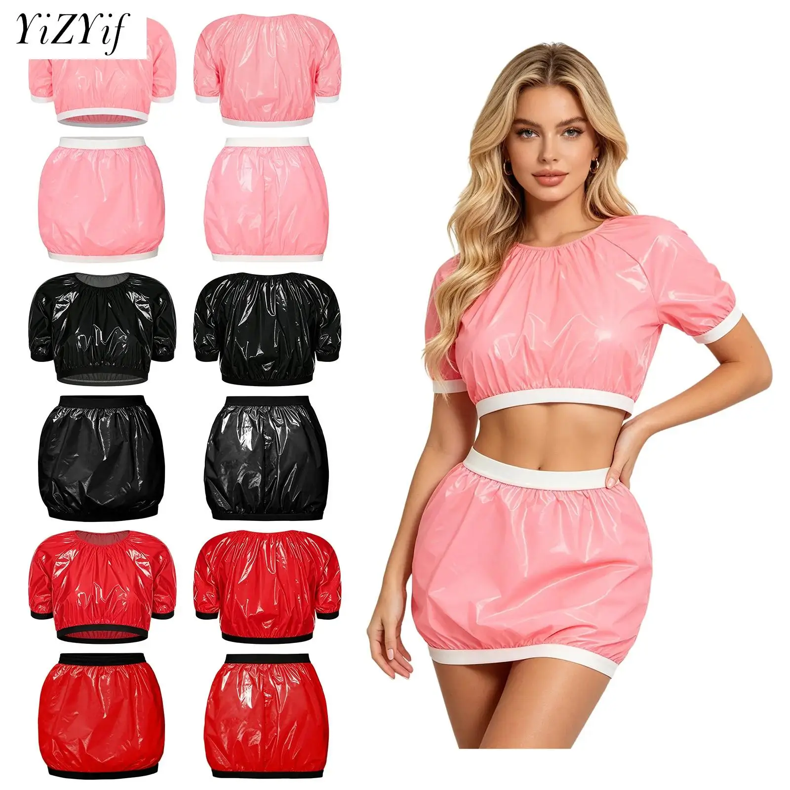 Womens Glossy Dress 2-piece Sets Waterproof Vinyl Short Sleeve Crop Top And Plastic Mini Skirt Beach Swimwear Cover-up Clubwear
Womens Glossy Dress 2-piece Sets Waterproof Vinyl Short Sleeve Crop Top And Plastic Mini Skirt Beach Swimwear Cover-up Clubwear
