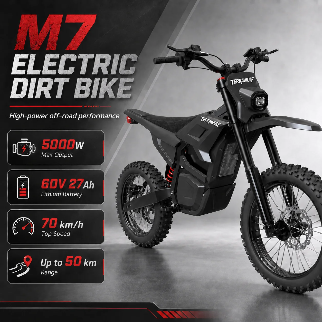 Torhunt M7 Electric Dirt Bike 60V 27Ah Lithium Battery 2000W 5000W Peak Mid Drive Off Road Motorcycle Adult Mini Pit Bike LED Headlight Hydraulic Brake IPX4 Carbon Steel Frame USD Fork FarDriver 70KM/H E-Moto for Adults Teens Trail Riding
Torhunt M7 Electric Dirt Bike 60V 27Ah Lithium Battery 2000W 5000W Peak Mid Drive Off Road Motorcycle Adult Mini Pit Bike LED Headlight Hydraulic Brake IPX4 Carbon Steel Frame USD Fork FarDriver 70KM/H E-Moto for Adults Teens Trail Riding