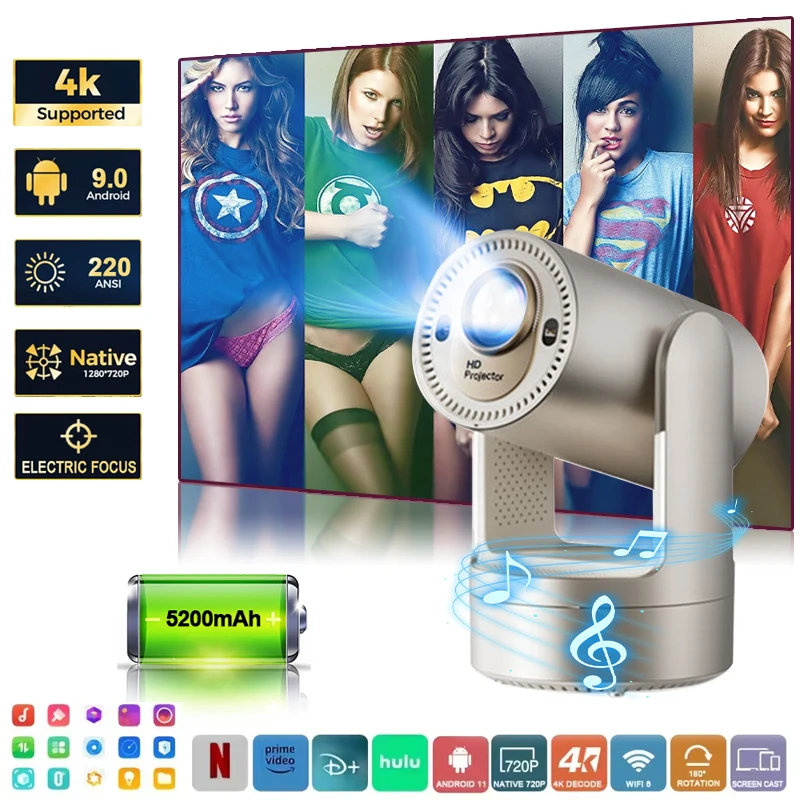 4K Smart Video Projector HD 300ANSI Brightness for Android System 180° Rotatable for Home Theater and Outdoor Use With Battery