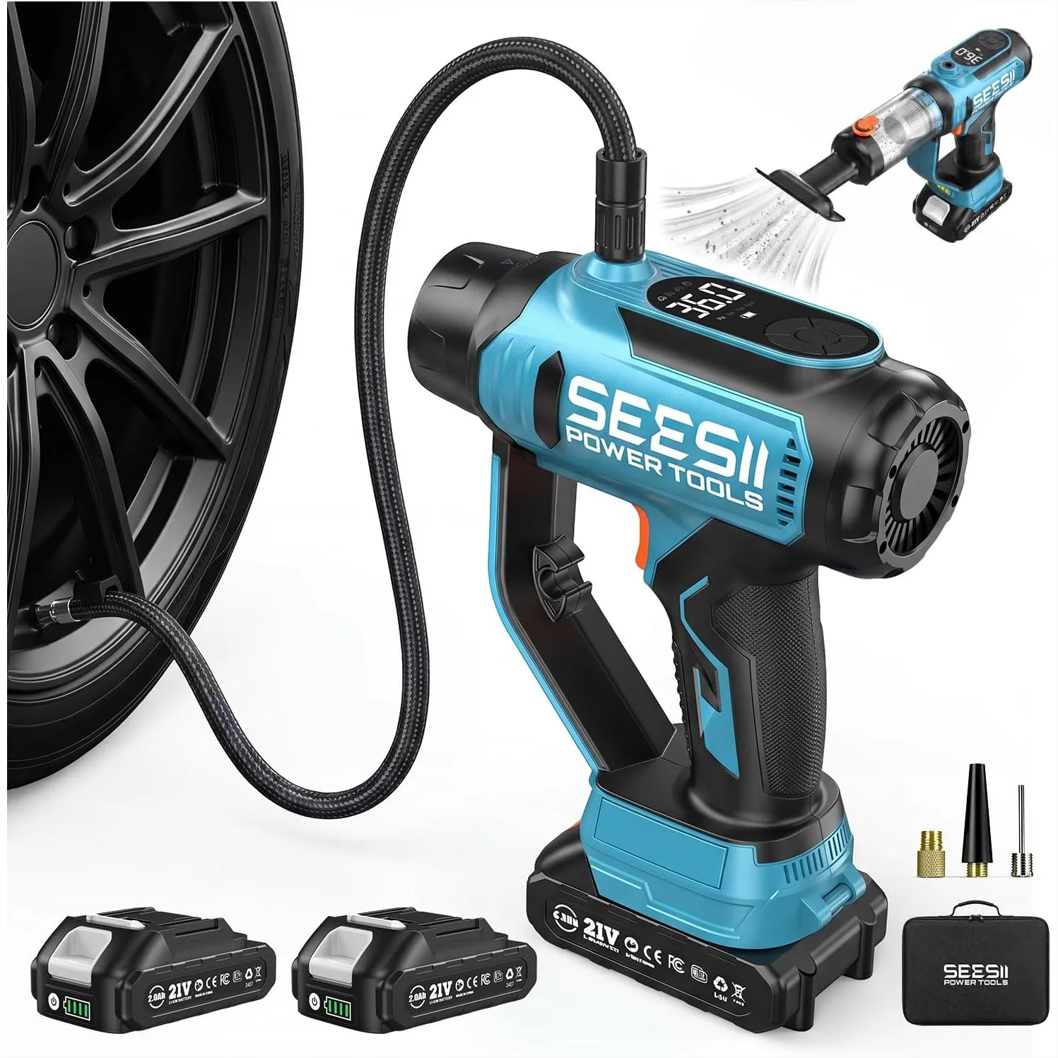 Portable Tire Inflator with 21V Cordless Air Compressor, 150PSI Car Pump and 2x2000mAh Batteries for Car, Ball, Bike
Portable Tire Inflator with 21V Cordless Air Compressor, 150PSI Car Pump and 2x2000mAh Batteries for Car, Ball, Bike