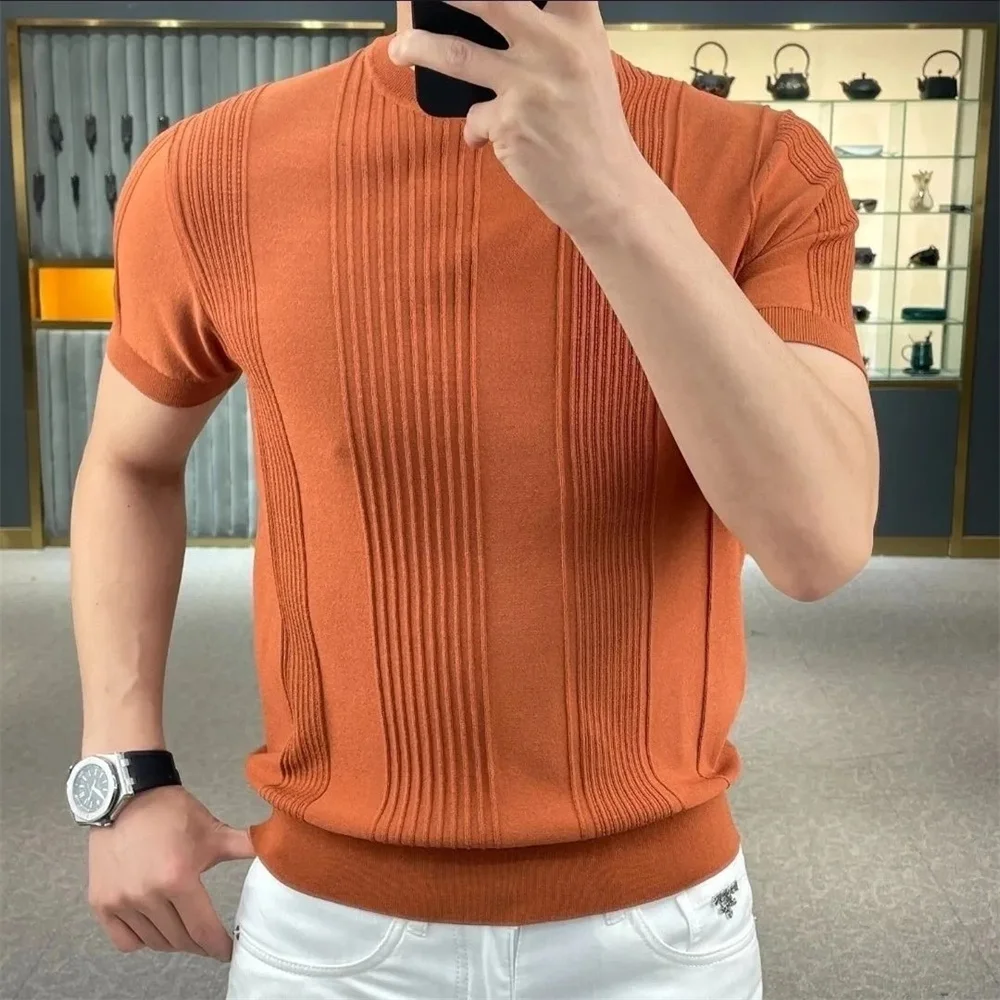 Summer new men's fashion basic men's fabric striped knit cool round neck solid color short-sleeved T-shirt
Summer new men's fashion basic men's fabric striped knit cool round neck solid color short-sleeved T-shirt