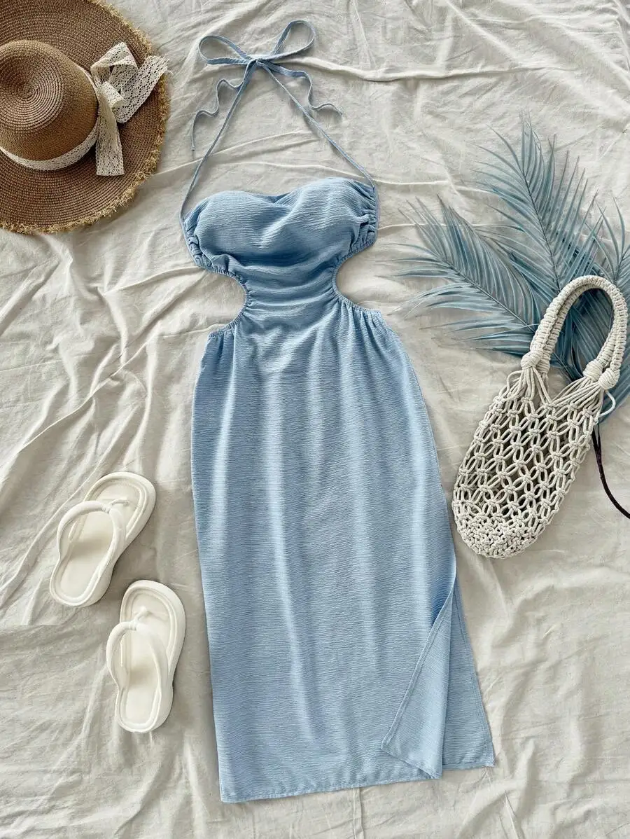 Blue Halter Neck Hollow Out High Slit Backless Midi Dress For Vacation Festival Bohemian Holiday
Blue Halter Neck Hollow Out High Slit Backless Midi Dress For Vacation Festival Bohemian Holiday