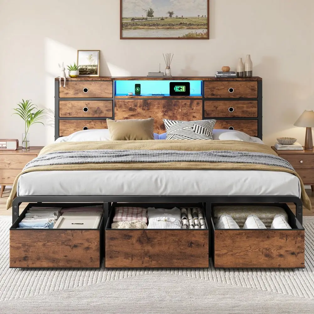 King Size Bed Frame with 9 Fabric Drawers Storage, LED Lights amp Charging Station, Metal Platform Bed Frame with Headboard Sto
King Size Bed Frame with 9 Fabric Drawers Storage, LED Lights amp Charging Station, Metal Platform Bed Frame with Headboard Sto