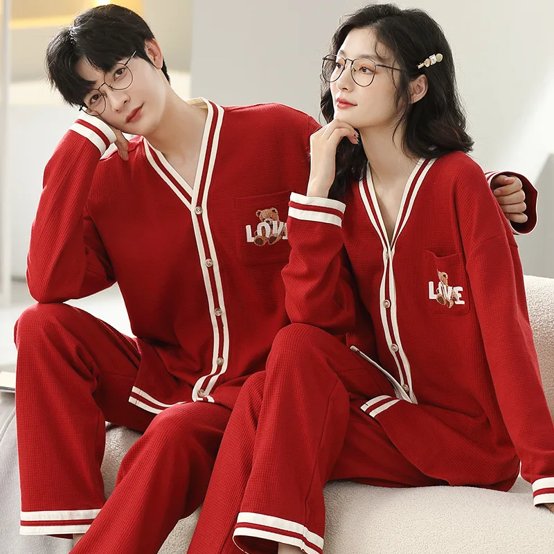 Waffle Cotton Sleepwear New Women Men Spring Autumn Couples Pajamas Set Lovers Nightgown V Neck Pijamas Home Clothes Hombre
Waffle Cotton Sleepwear New Women Men Spring Autumn Couples Pajamas Set Lovers Nightgown V Neck Pijamas Home Clothes Hombre