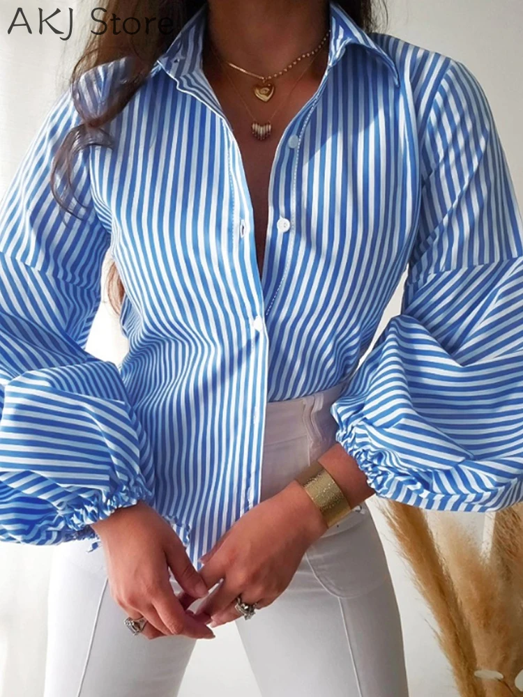 Striped Print Turn-Down Collar Lantern Sleeve Slim Fit Blouse Front Button Casual Top
Striped Print Turn-Down Collar Lantern Sleeve Slim Fit Blouse Front Button Casual Top