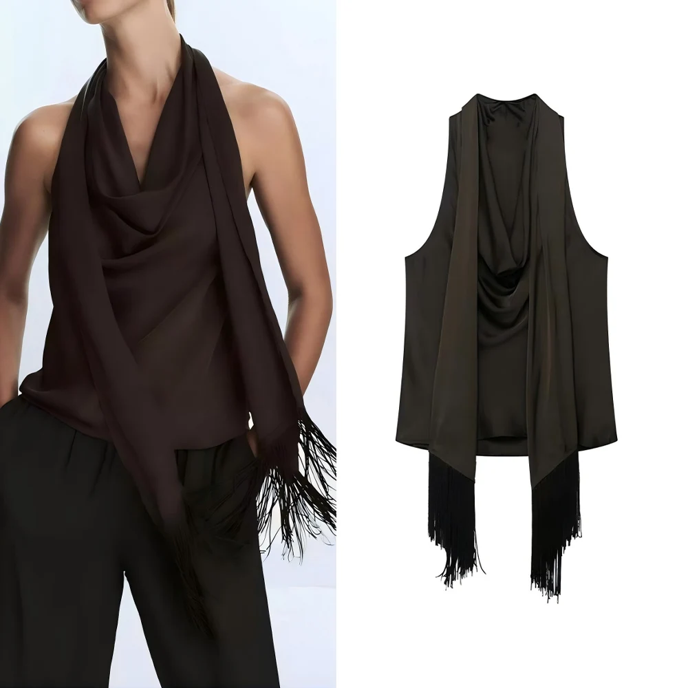 Women's new fashion tassel scarf decoration casual satin texture draped top retro sleeveless women's vest chic top
Women's new fashion tassel scarf decoration casual satin texture draped top retro sleeveless women's vest chic top