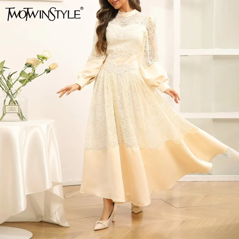 TWOTWINSTYLE Solid Slimming Fashion Dresses for Women Round Neck Long Sleeves Patchwork Lace Temperament Dress Female Clothing
TWOTWINSTYLE Solid Slimming Fashion Dresses for Women Round Neck Long Sleeves Patchwork Lace Temperament Dress Female Clothing