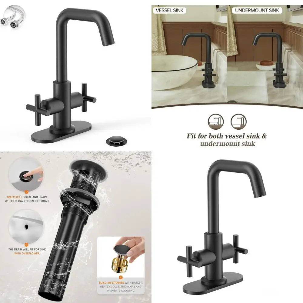 4 Matte Black 2-Handle Centerset Bathroom Faucet with Drain, Deck Plate & Hoses, Suitable for 1 or 3 Hole Installations
4 Matte Black 2-Handle Centerset Bathroom Faucet with Drain, Deck Plate & Hoses, Suitable for 1 or 3 Hole Installations
