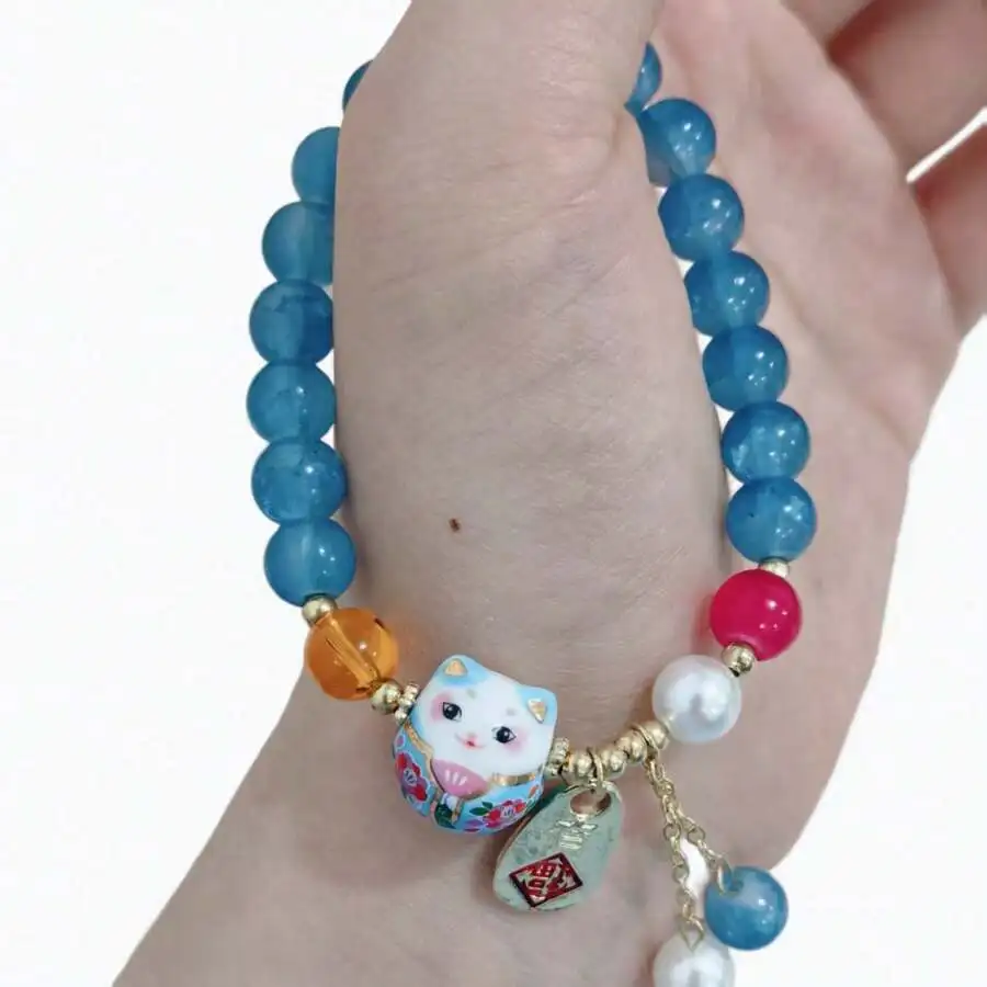 Blue Agate Bead Charm Bracelet With Ceramic Cat Pendant For Women
Blue Agate Bead Charm Bracelet With Ceramic Cat Pendant For Women