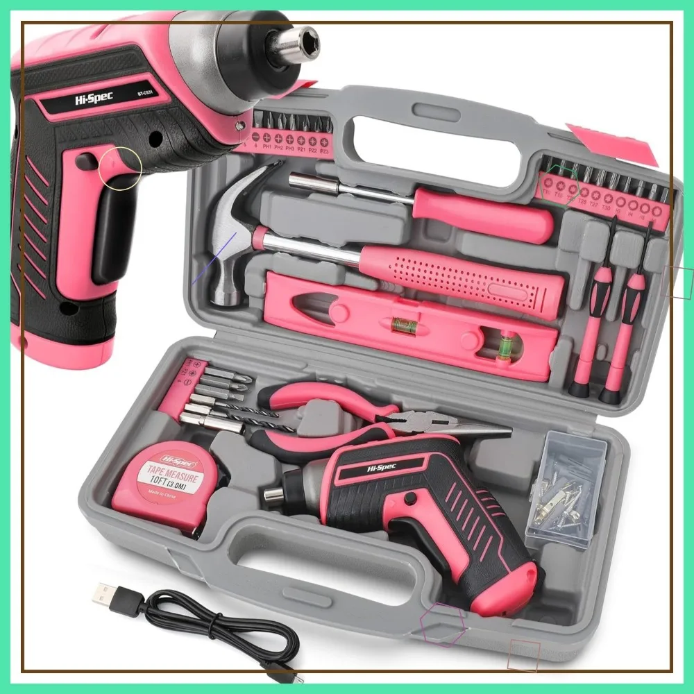 Розовый набор инструментов из 35 предметов с электрической отверткой USB, предметы домашнего обихода для женщин
Розовый набор инструментов из 35 предметов с электрической отверткой USB, предметы домашнего обихода для женщин