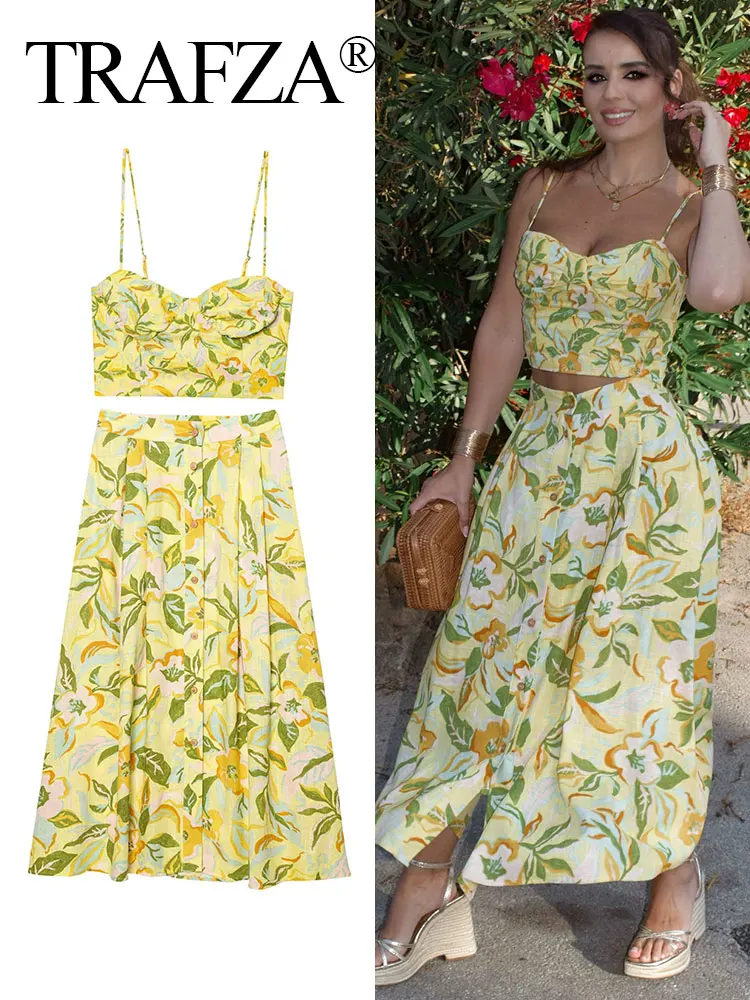TRAFZA Summer Holiday Beach Style Printed Suit Sleeveless Sling Top + A-line High Waist Buttons Pleated Midi Skirt Fashion Set
TRAFZA Summer Holiday Beach Style Printed Suit Sleeveless Sling Top + A-line High Waist Buttons Pleated Midi Skirt Fashion Set